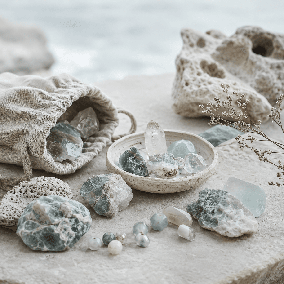 Natural crystals on a stone tray beside a linen pouch and the sea